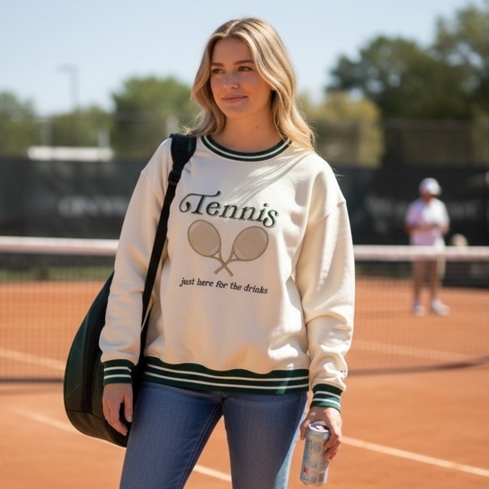 Simply Southern Tennis Varsity Crewneck Sweatshirt Cream‎ Green XL NWT